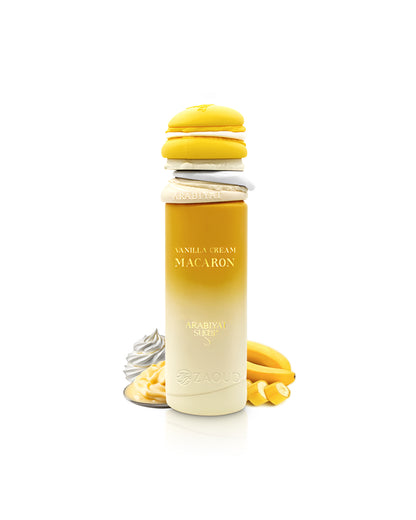 arabiyat sugar vanilla cream macaron perfume bottle surrounded by fragrance notes like banana and cream shows against white background