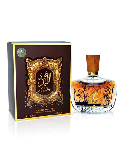 arabiyat oud al layl perfume bottle shows beside its box against white background