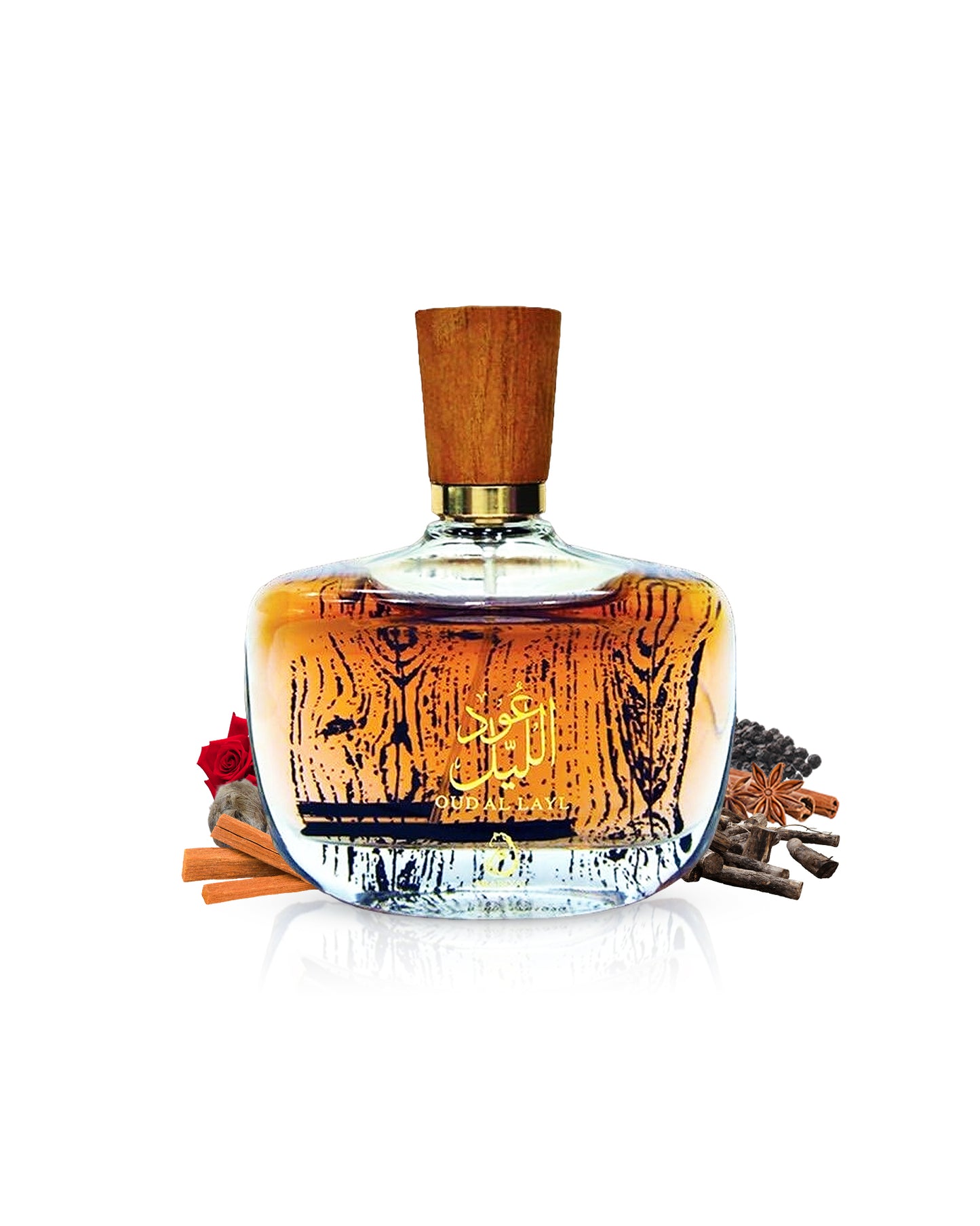 arabiyat oud al layl perfume bottle surrouned by fragrance notes like rose and spices with woods shows against white background