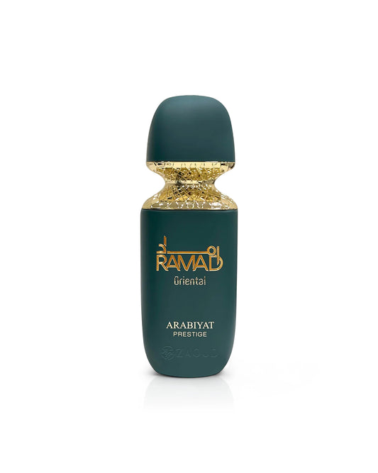 ARABIYAT PRESTIGE RAMAD ORIENTAL Perfume green bottle with gold cap on a white background