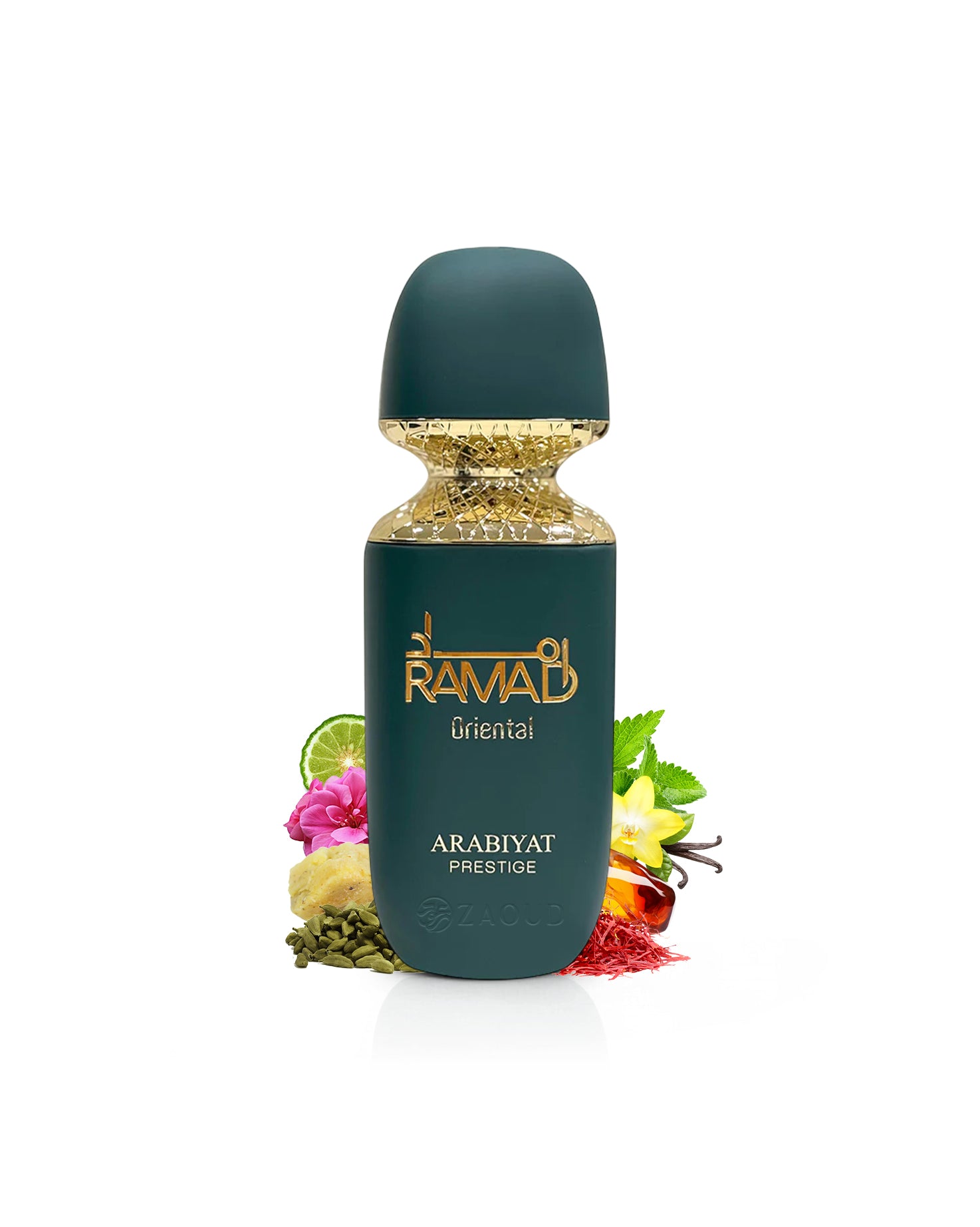 ARABIYAT PRESTIGE RAMAD ORIENTAL Perfume bottle SURROUNDED BY FRAGRANCE NOTES LIKE cardamom and saffron  on a white background