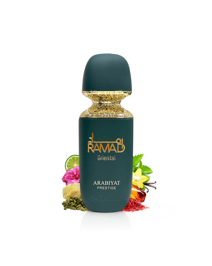 ARABIYAT PRESTIGE RAMAD ORIENTAL Perfume bottle SURROUNDED BY FRAGRANCE NOTES LIKE cardamom and saffron  on a white background