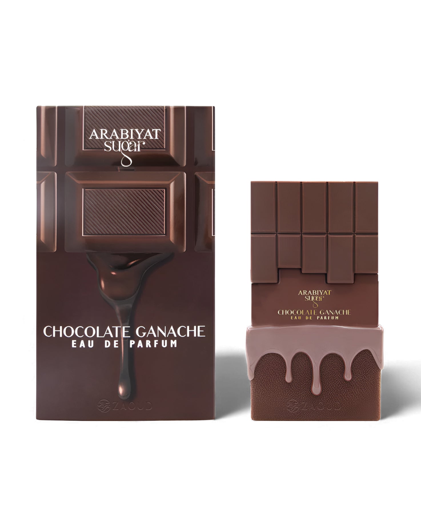 Chocolate ganache-themed perfume packaging with 'Arabiyat sugar' branding on a white background.