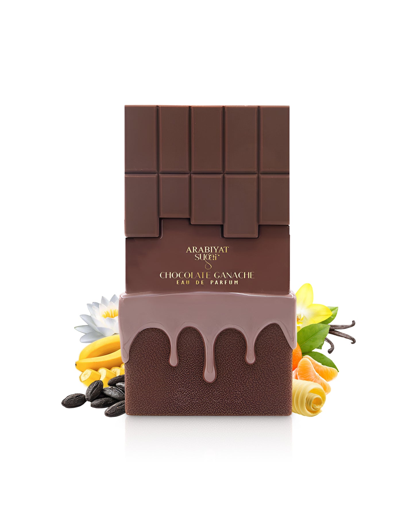 Arabiyat sugar Chocolate Ganache Chocolate bar-shaped perfume packaging with vanilla beans and flowers on a white background