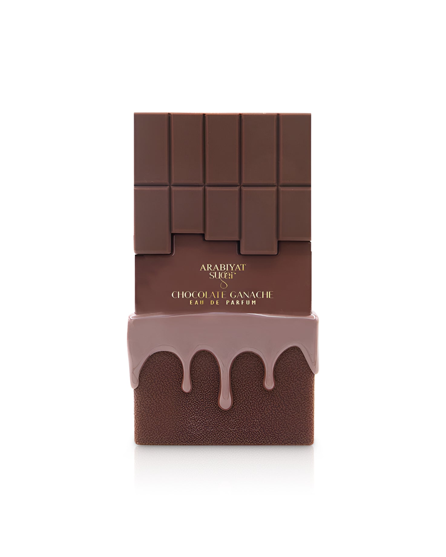 Chocolate bar-shaped perfume packaging with arabiyat sugar'chocolate ganache' branding on a white background