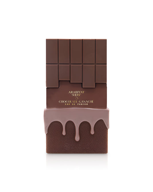 Chocolate bar-shaped perfume packaging with arabiyat sugar'chocolate ganache' branding on a white background