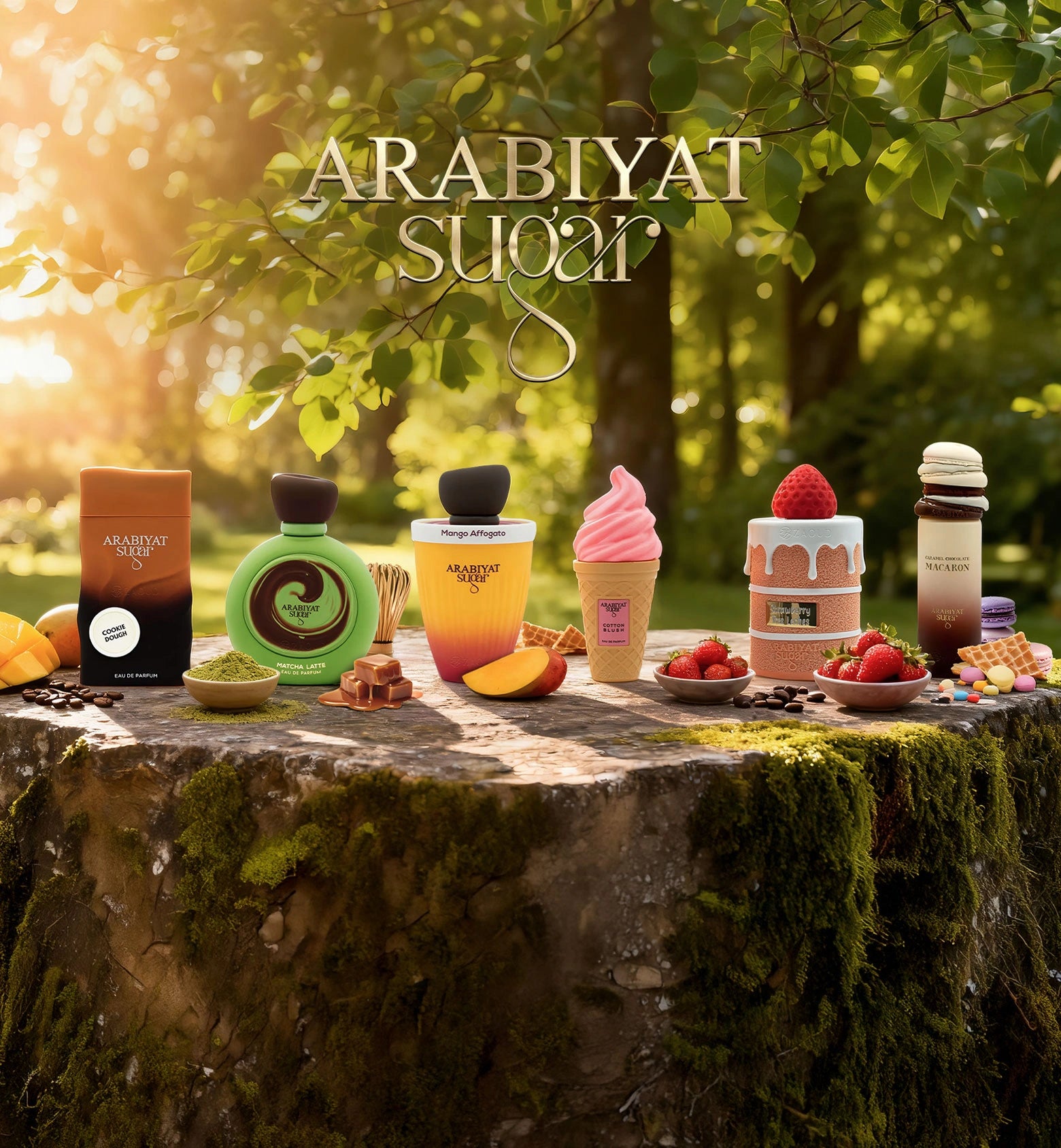 Arabiyat Sugar perfume collection featuring six dessert-themed bottles Cookie Dough, Matcha Latte, Mango Affogato, Cotton Blush, Strawberry Tres Leches, and Macaron displayed on a rustic stone slab surrounded by fresh ingredients like mangoes, strawberries, and matcha powder in a sunlit garden