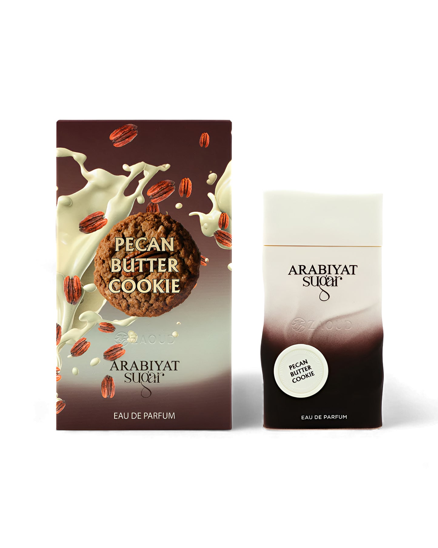 arabiyat sugar pecan butter cookie perfume bottle shows beside its packaging against white background