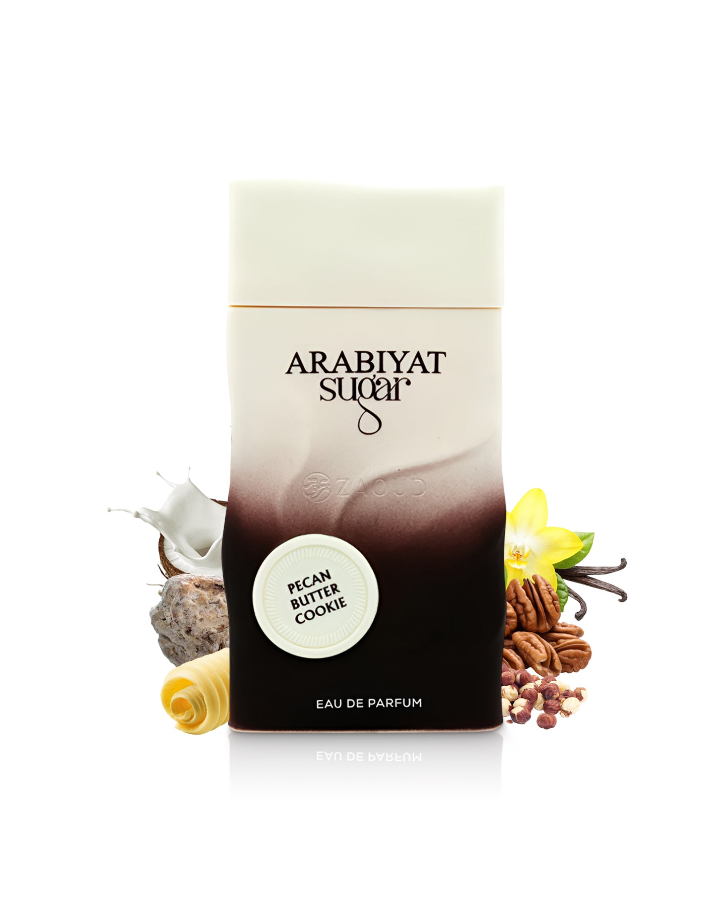arabiyat sugar pecan butter cookie perfume bottle surrounded by fragrance notes like butter and nuts shows against white background