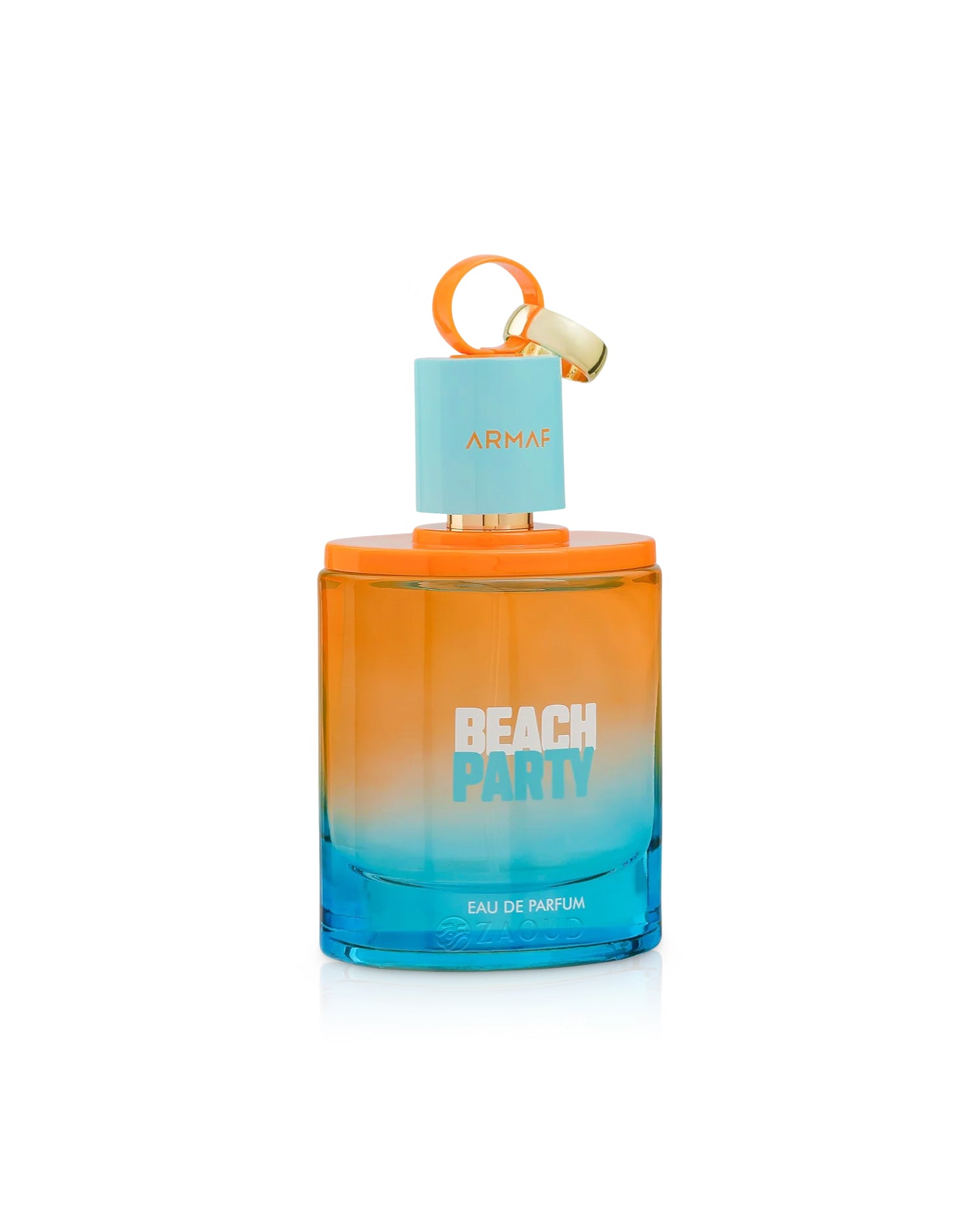 armaf beach party Perfume bottle with gradient design from orange to blue on a white background