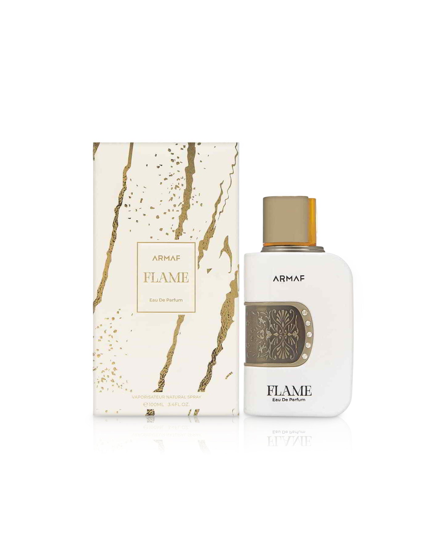 armaf flame perfume bottle shows beside its box against white background