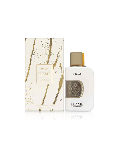 armaf flame perfume bottle shows beside its box against white background