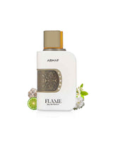 armaf flame perfume bottle surrounded with its ingredients like white flowers and citrus  shows from behind the bottle  against white background