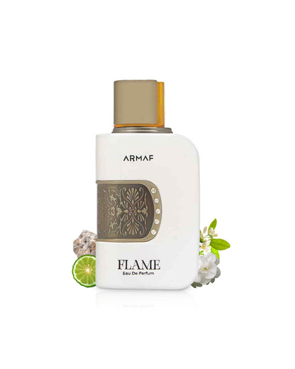 armaf flame perfume bottle surrounded with its ingredients like white flowers and citrus  shows from behind the bottle  against white background