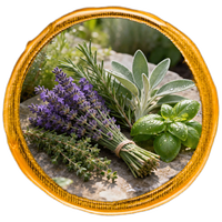 Bouquet of lavender and other herbs on a stone surface with a decorative gold frame.