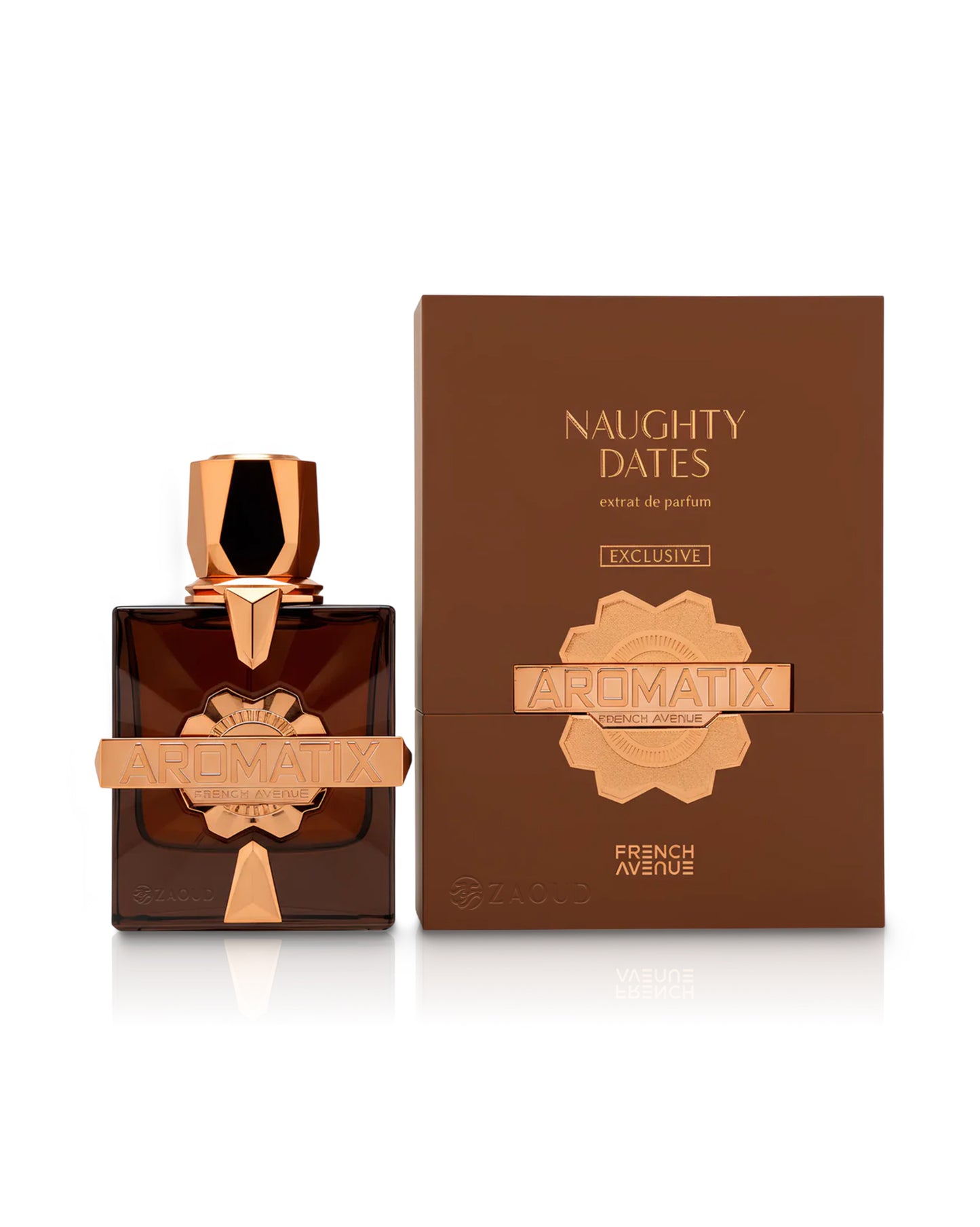 aromatix naughty dates perfume bottle shows beside its packaging against white background