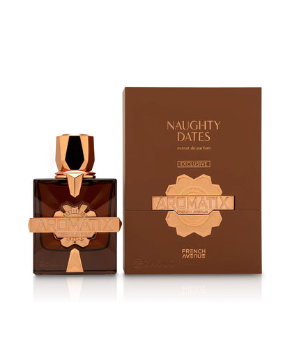 aromatix naughty dates perfume bottle shows beside its packaging against white background