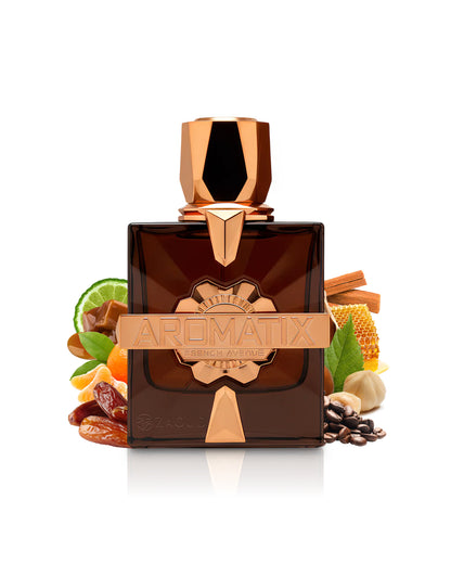 aromatix naughty dates perfume bottle surrounded by fragrance notes like dates and spices shows against white background