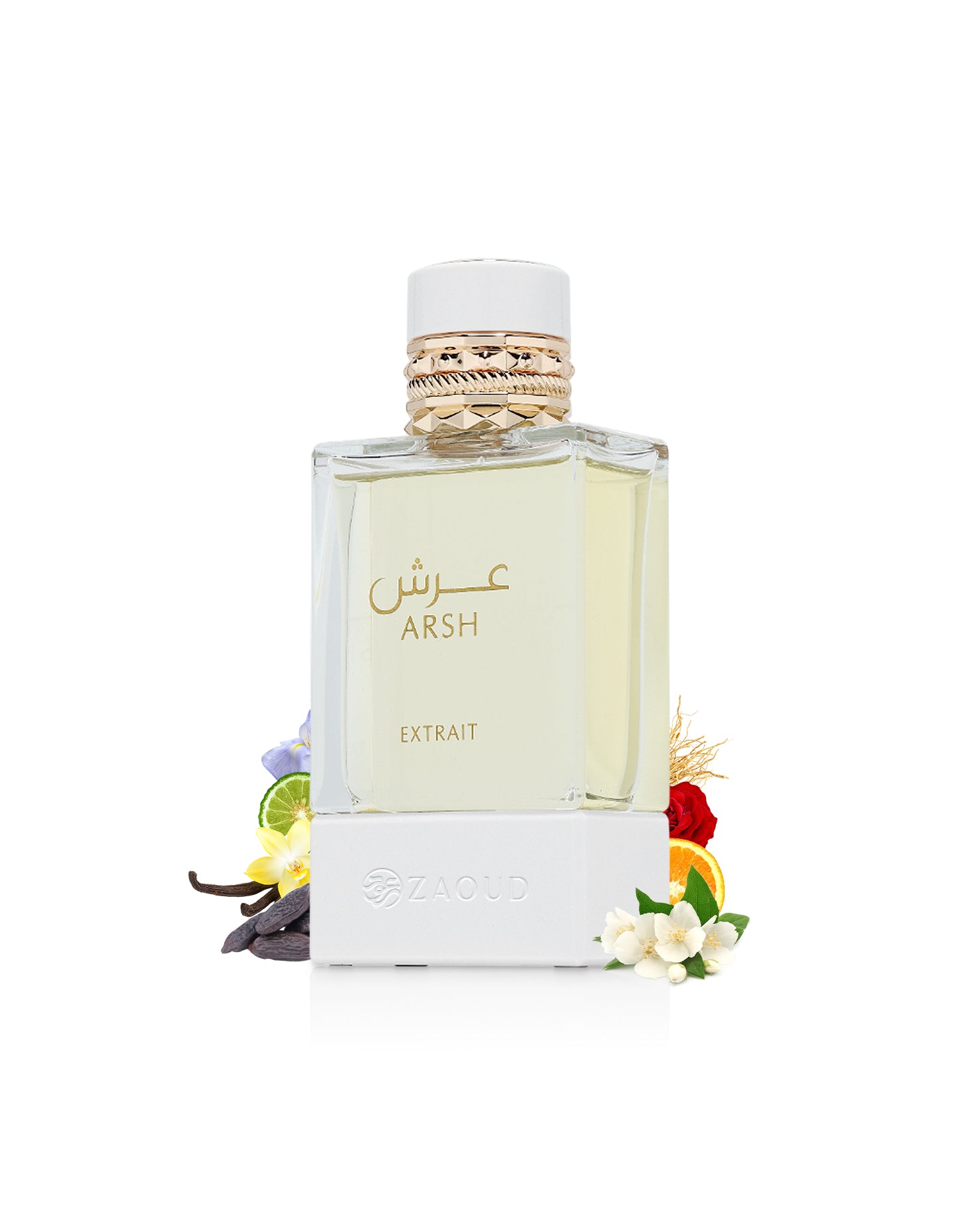 arsh extrait parfum bottle surrounded with fragrance notes like vanilla and jasmine shows against white background