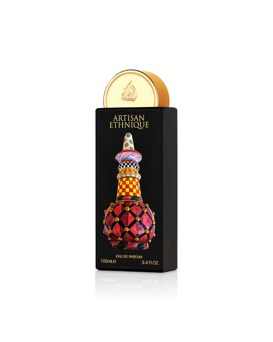 lattafa artisan Ethnique perfume bottle shows against white background