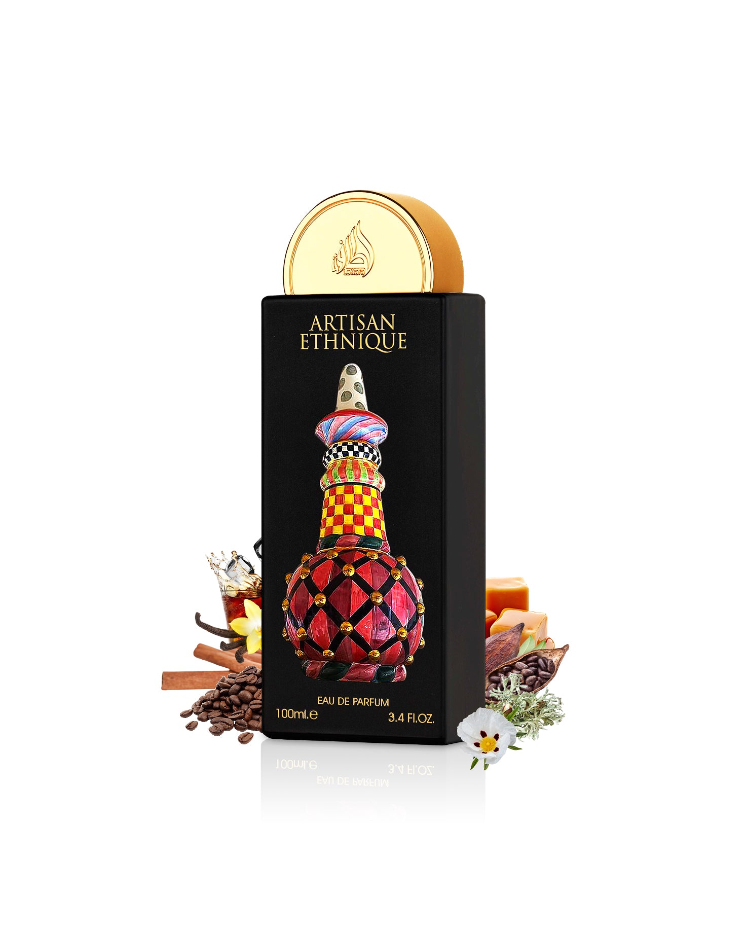 lattafa artisan Ethnique perfume bottle surrounded with fragrance notes like coffee and caramel shows against white background