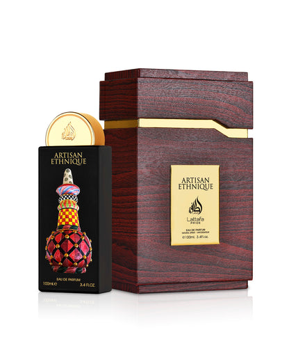 lattafa artisan Ethnique perfume bottle shows beside its box against white background