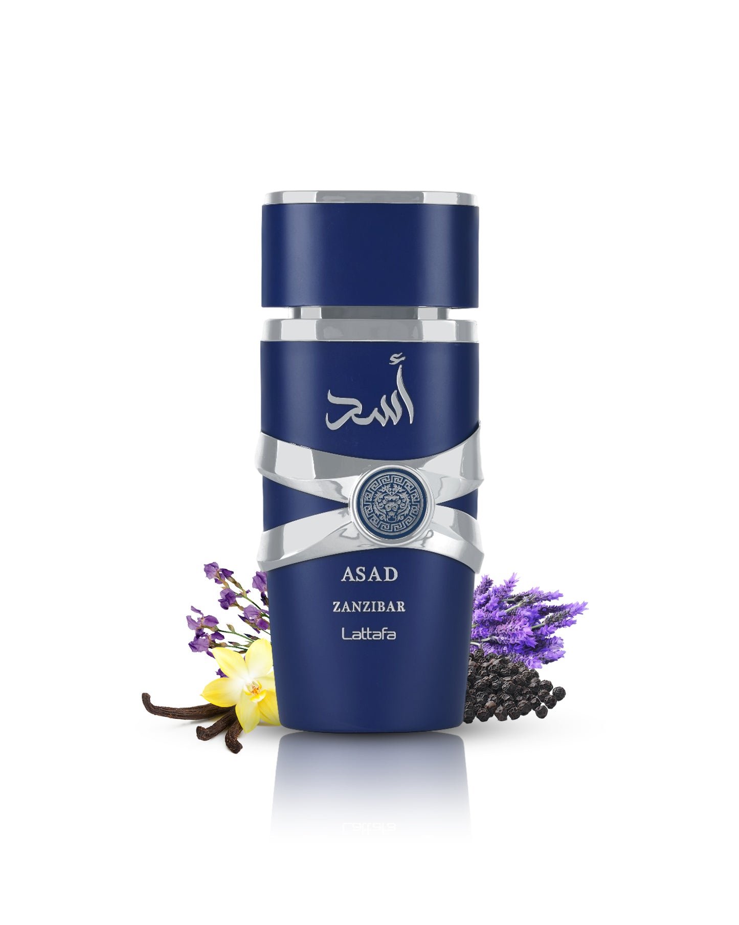 Asad zanzibar edp perfume bottle surrounded by vanilla lavender against white background