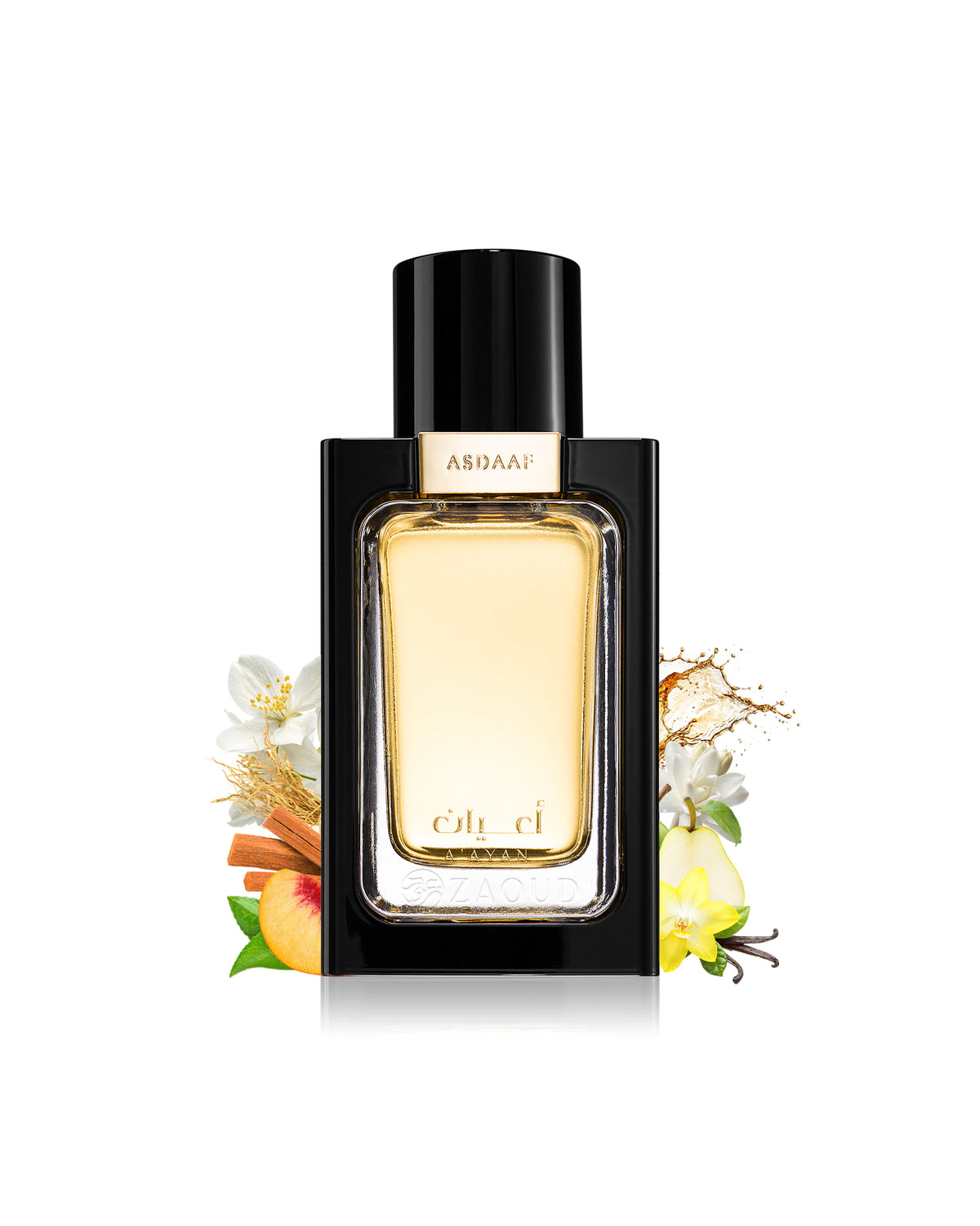 asdaaf aayan perfume bottle surrounded by fragrance notes like peach and vanilla shows against white background