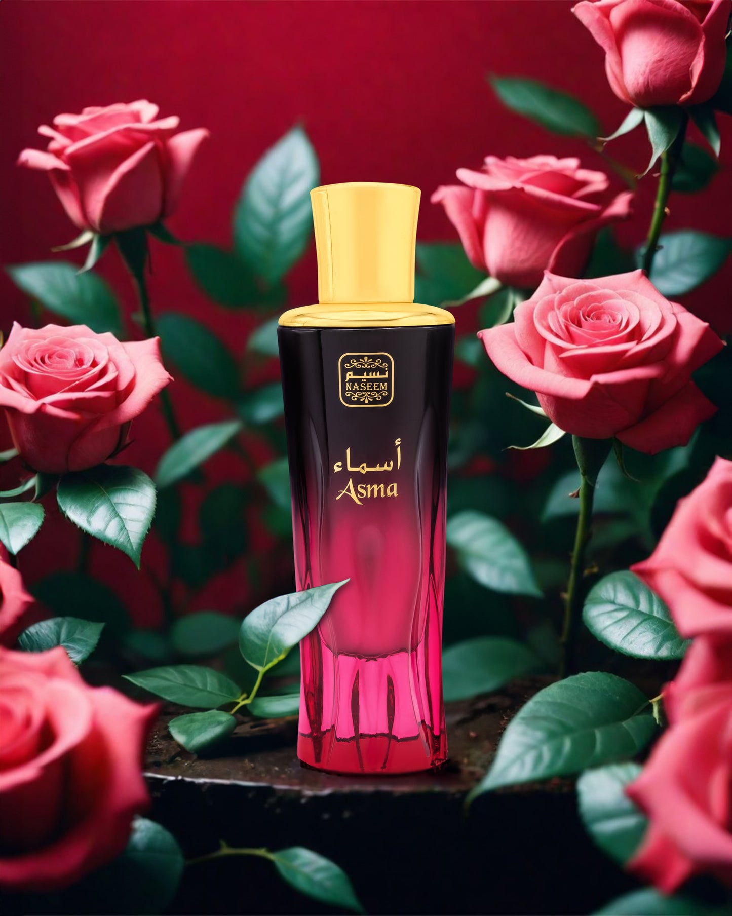 asma aqua parfum bottle of black and red colour bottle photograph over a woodlog surrounding with fresh red roses around.