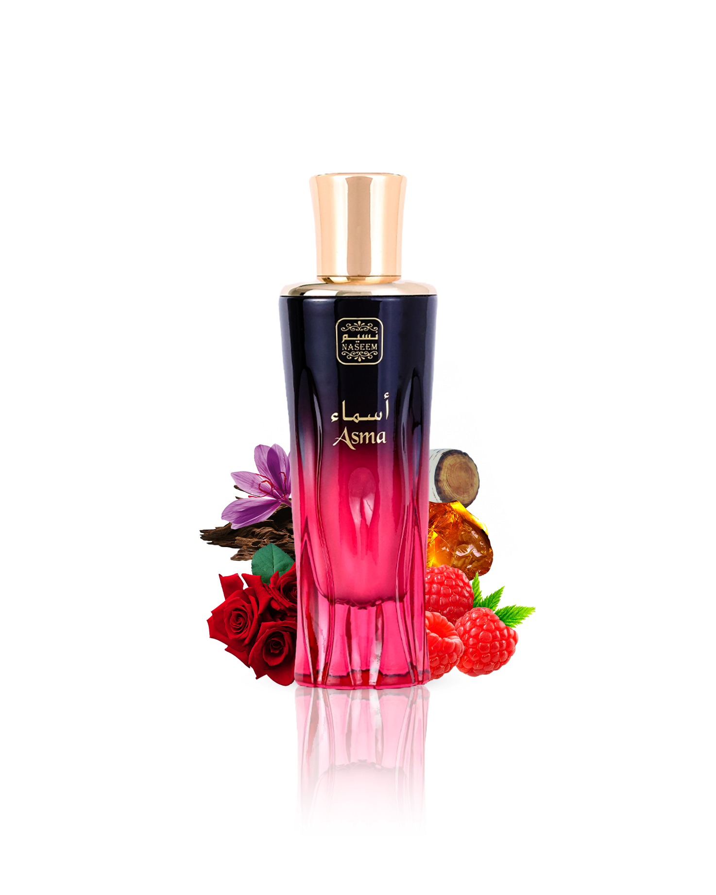 asma aqua parfum bottle of black and red colour bottle surrounded with its ingredients like rose amber and saffron showing from behind the bottle against white background