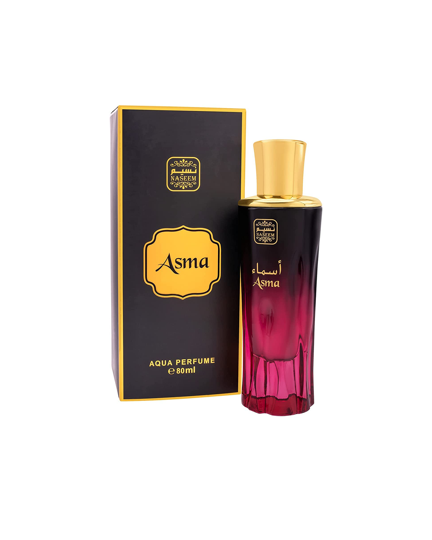 asma aqua parfum bottle of black and red colour bottle with beside its box showing against white background