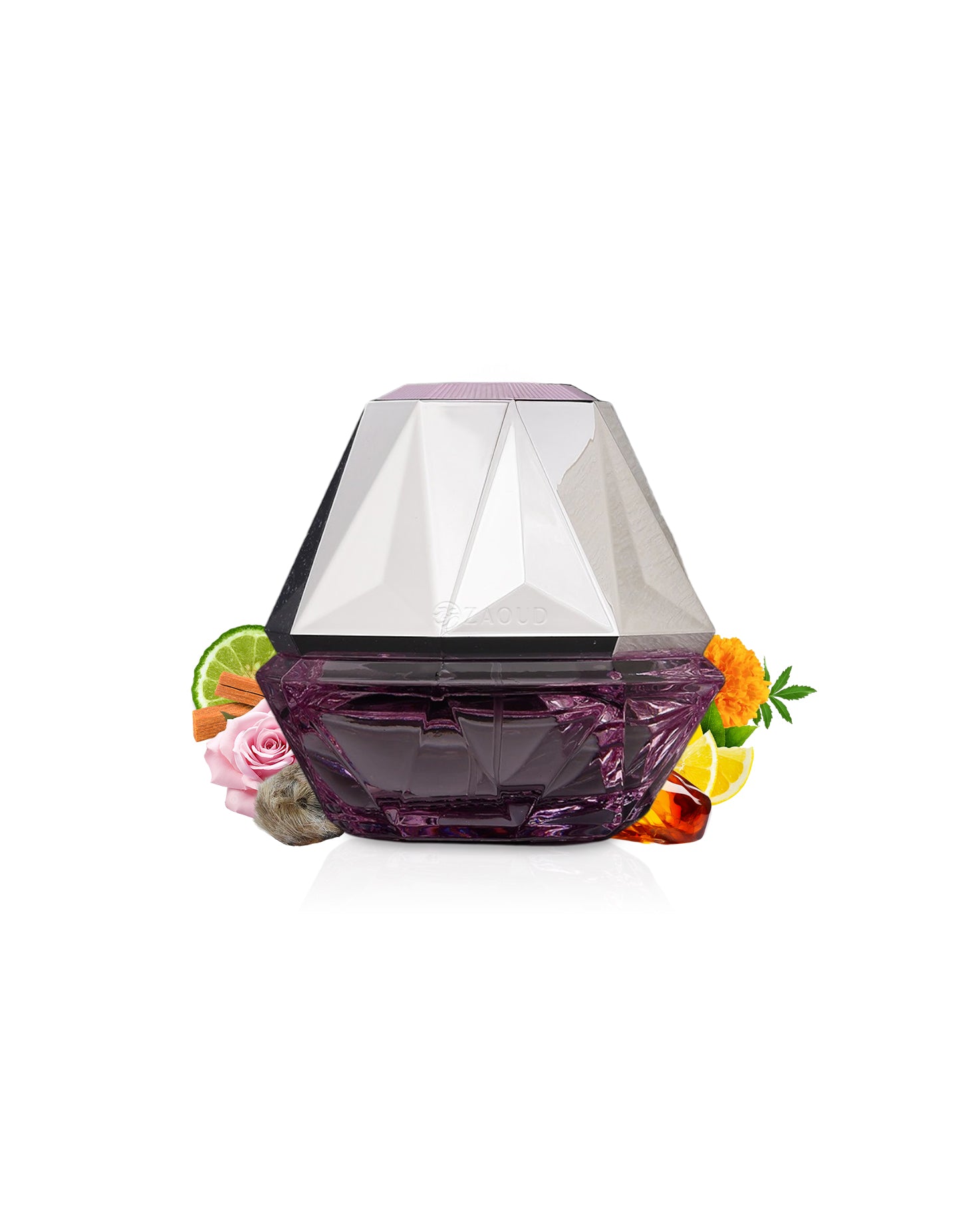 athoor al alam origami misty rose Vibrant purple container with floral and fruit decorations on a white background