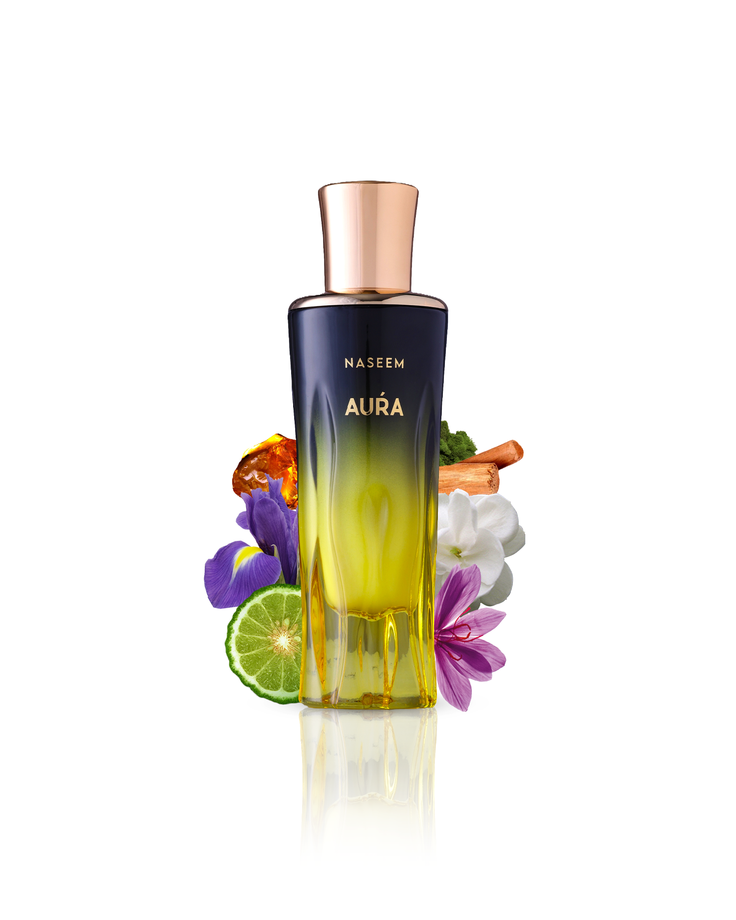 aura aqua parfum by naseem perfume bottle surrounded with its ingredients like saffron and bergamot with many other showing from behind the bottle against white background