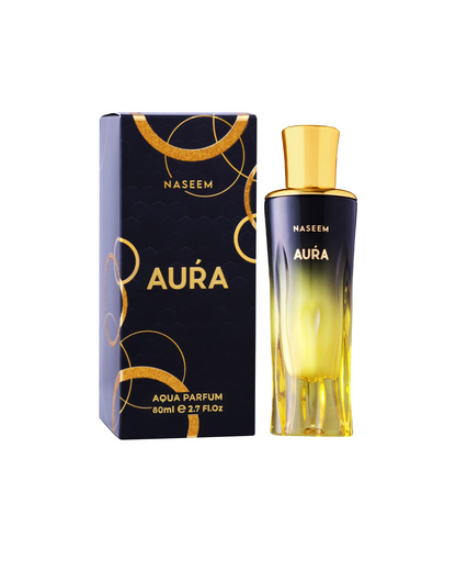 aura aqua parfum by naseem perfume bottle beside its box shows against white background