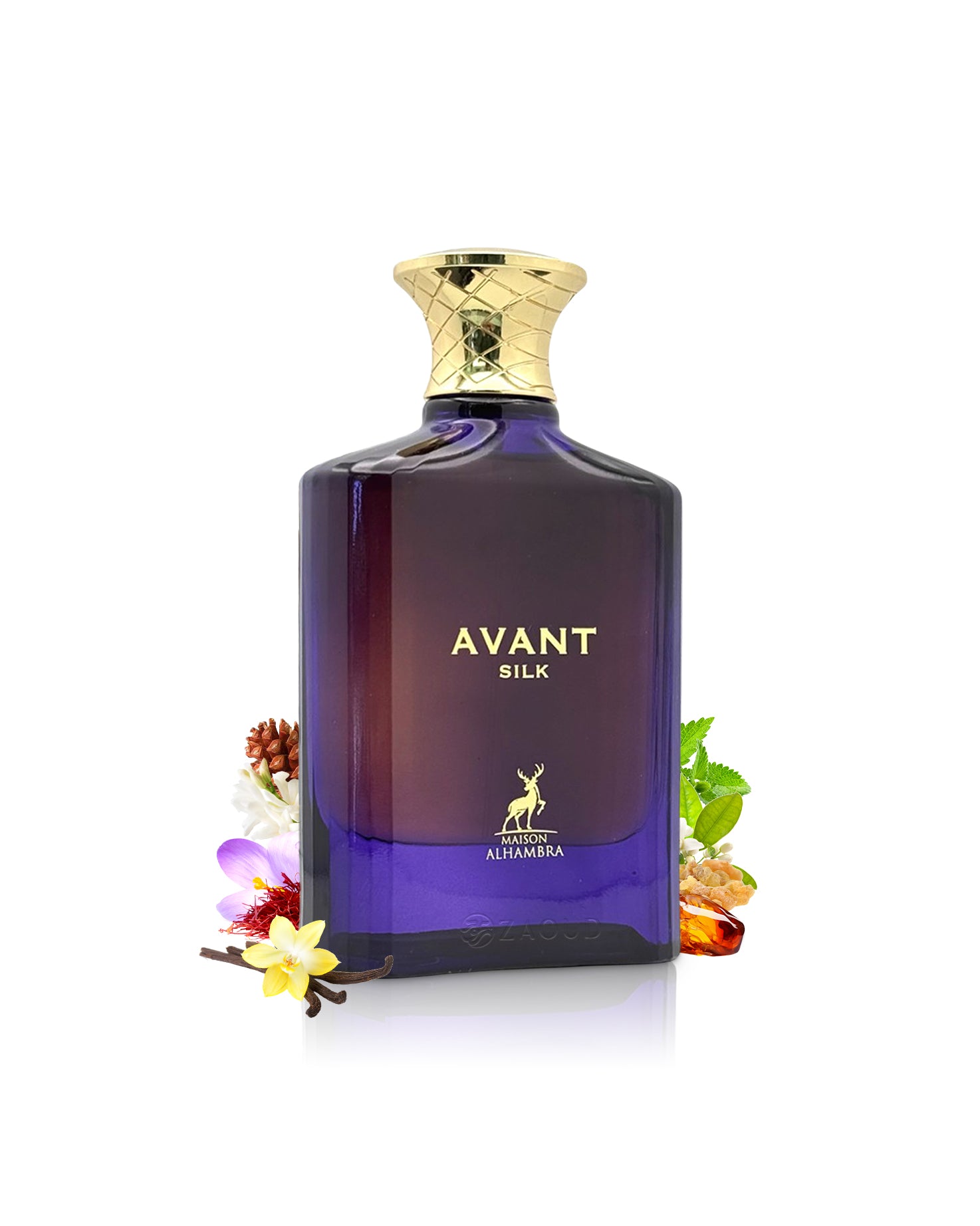avant silk perfume bottle surrounded with fragrance notes like vanilla and amber shows against white background
