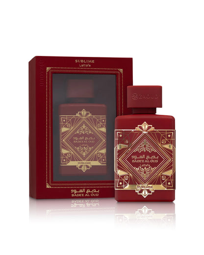 badee al oud sublime perfume red bottle shows beside its packagging against white background