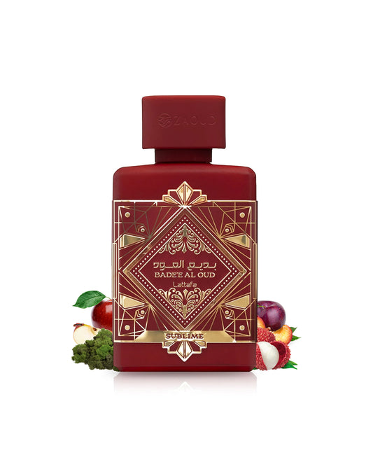 badee al oud sublime perfume red bottle surrounded with fragrance notes like fruits shows against white background