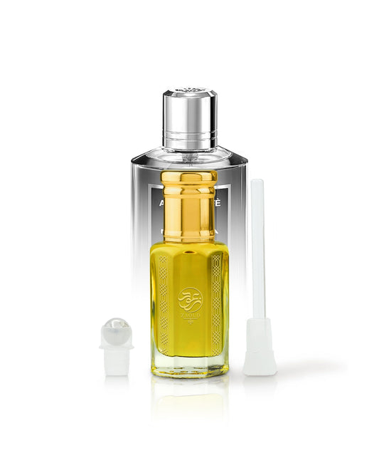 BALZAC perfume oil bottle shows amore caffe bottle shows behind against white background