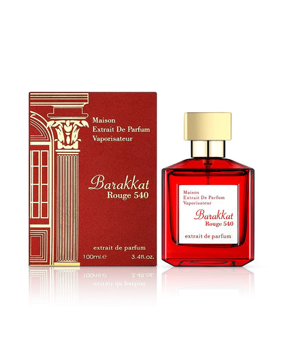 barakkat rouge 40 extrait de parfum bottle shows beside its box against white background 