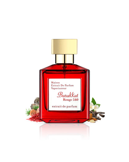 barakkat rouge 40 extrait de parfum bottle surrounded with fragrance notes like saffron and almond shows against white background 