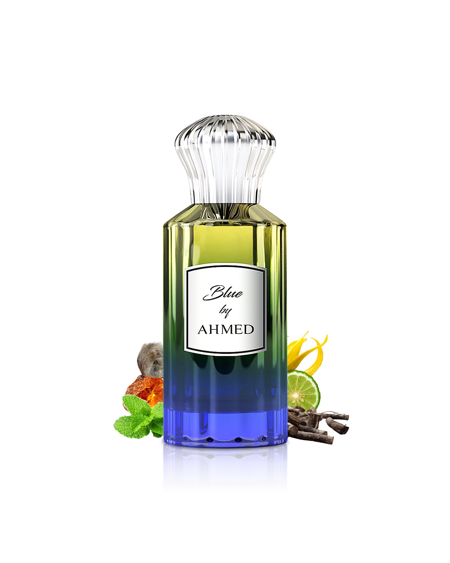 ahmed al maghribi blue by ahmed perfume bottle surrounded with fragrance notes like patchoui and amber shows from behind the bottle  against white background