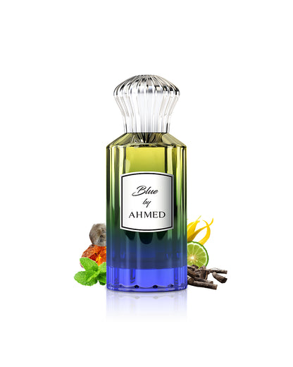 ahmed al maghribi blue by ahmed perfume bottle surrounded with fragrance notes like patchoui and amber shows from behind the bottle  against white background