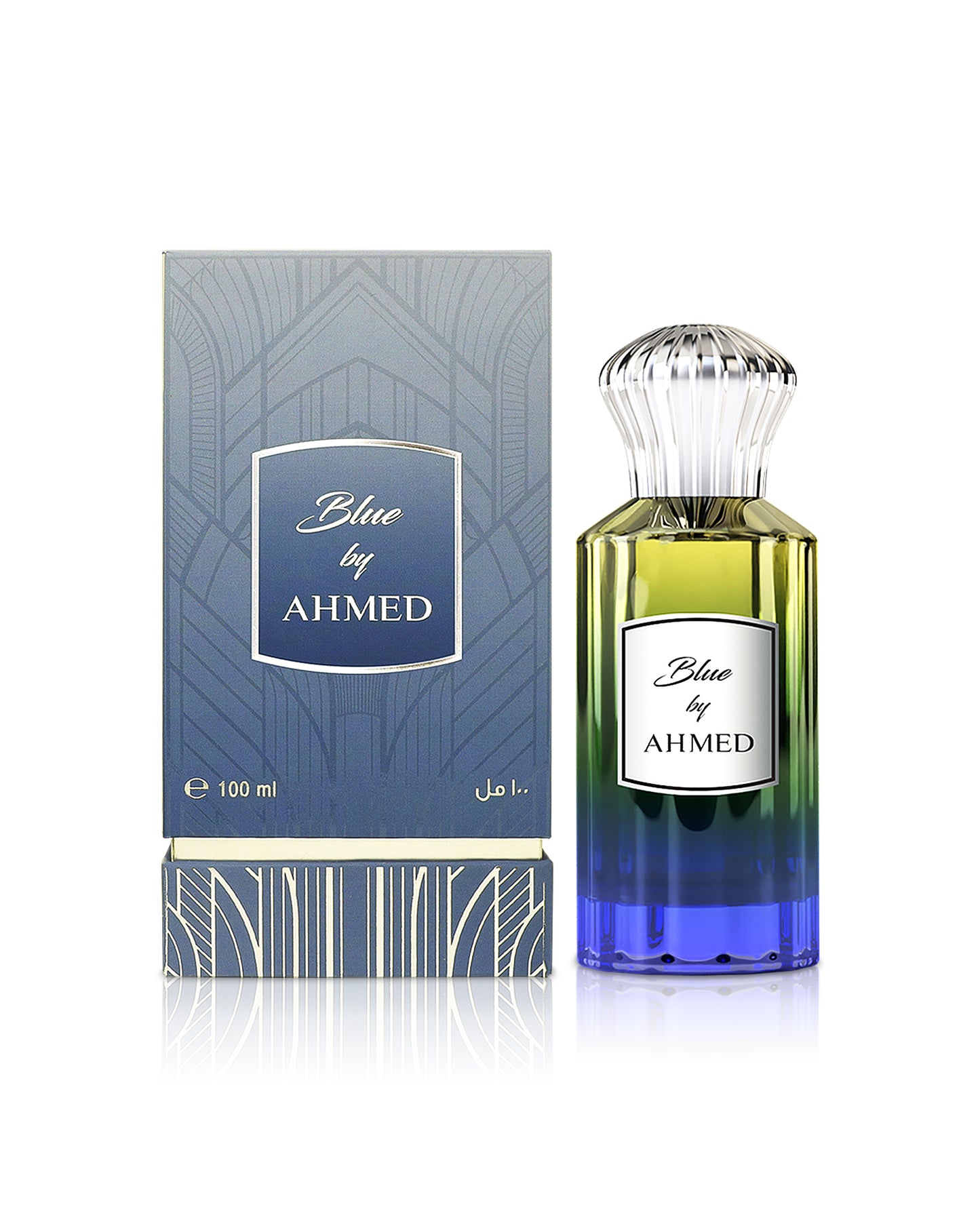 ahmed al maghribi blue by ahmed perfume bottle shows beside its box  against white background