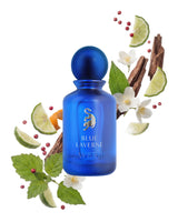 blue laverne perfume bottle surrounded by fragrance notes like mint and lime shows against white background