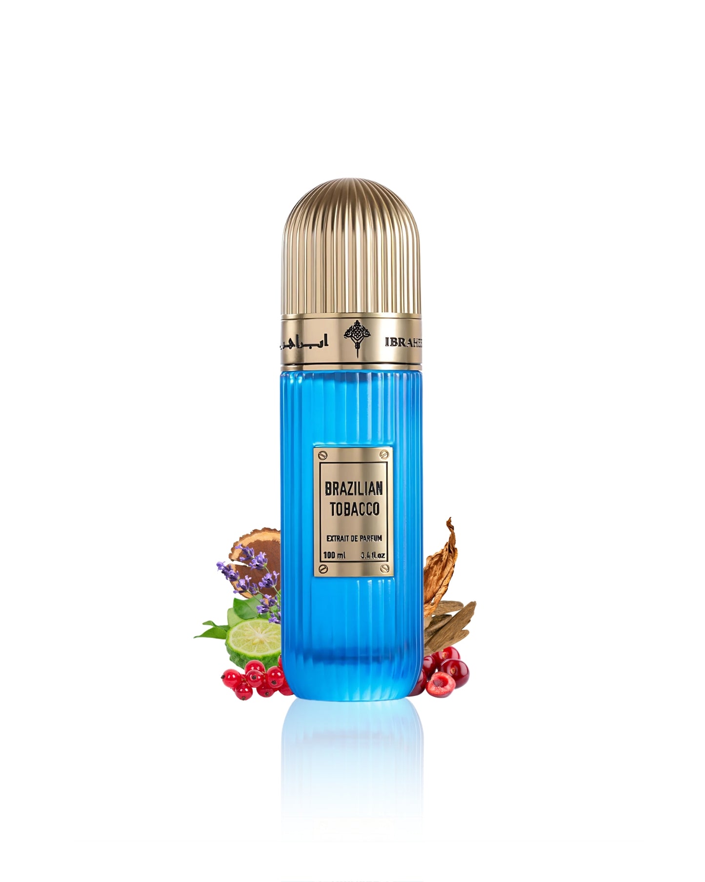 brazilian tobacco perfume bottle surrounded with fragrance notes like bergamot and cherry shows from behind the bottle against white background