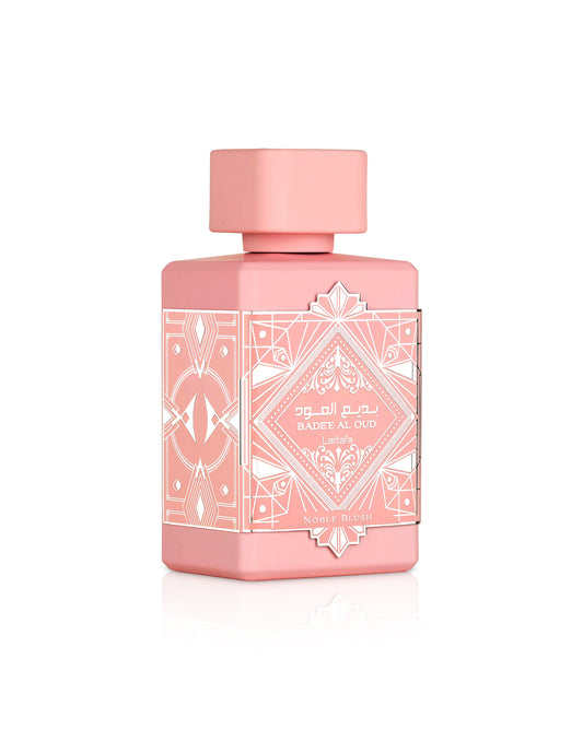 badee al oud noble blush perfume bottle shows against white background