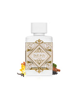 badee al oud honor and glory perfume bottle surrounded with fragrance notes like pineapple and vanilla shows against white background