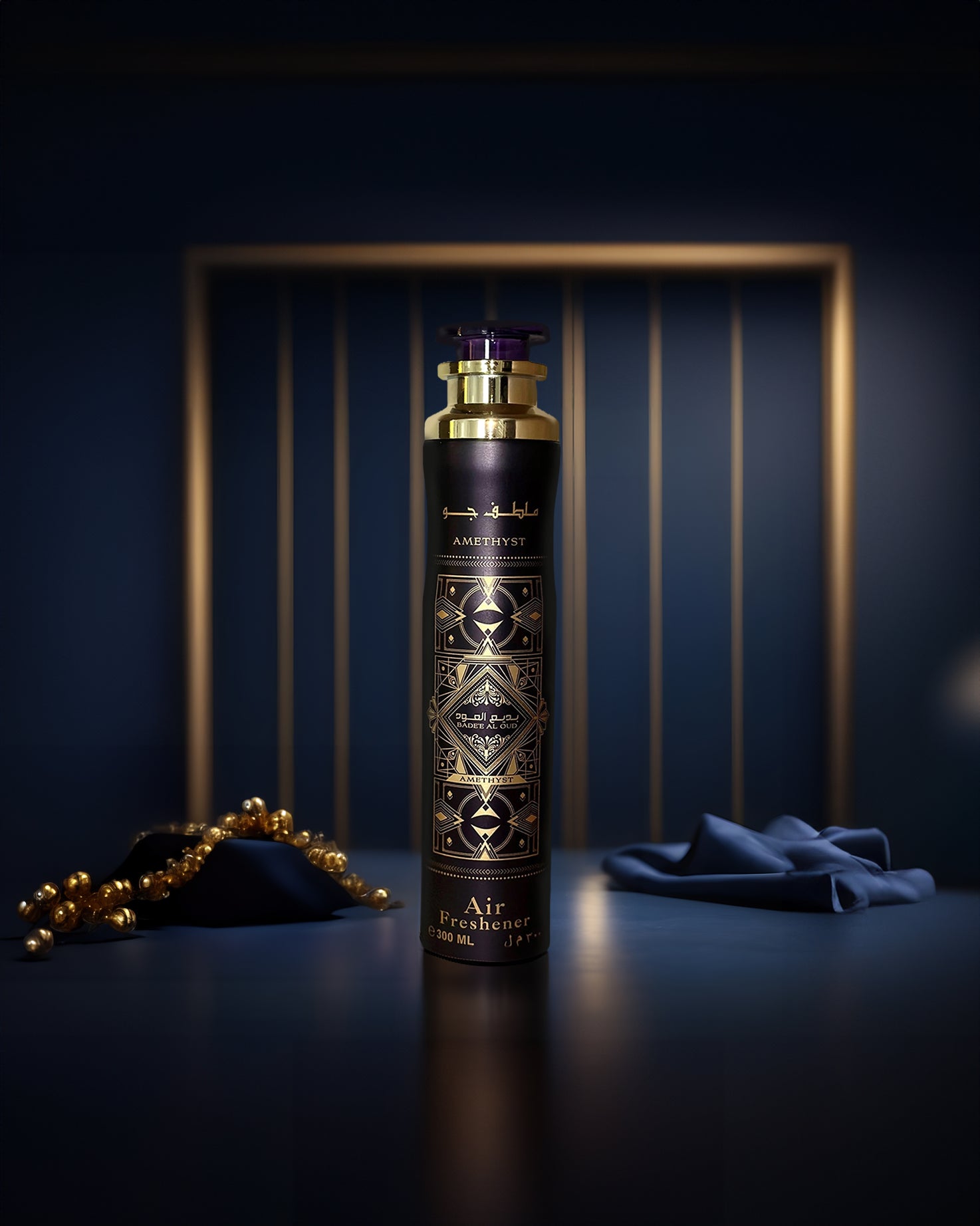 Badee Al Oud Amethyst air freshner bottle inside dark  blue surface room