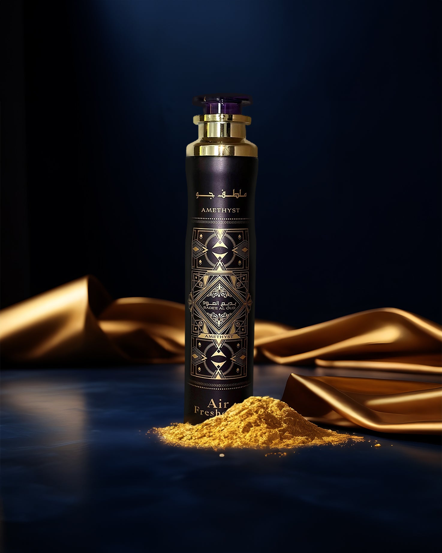 Badee Al Oud Amethyst air freshner bottle photograph against dark blue surface besides rose powders