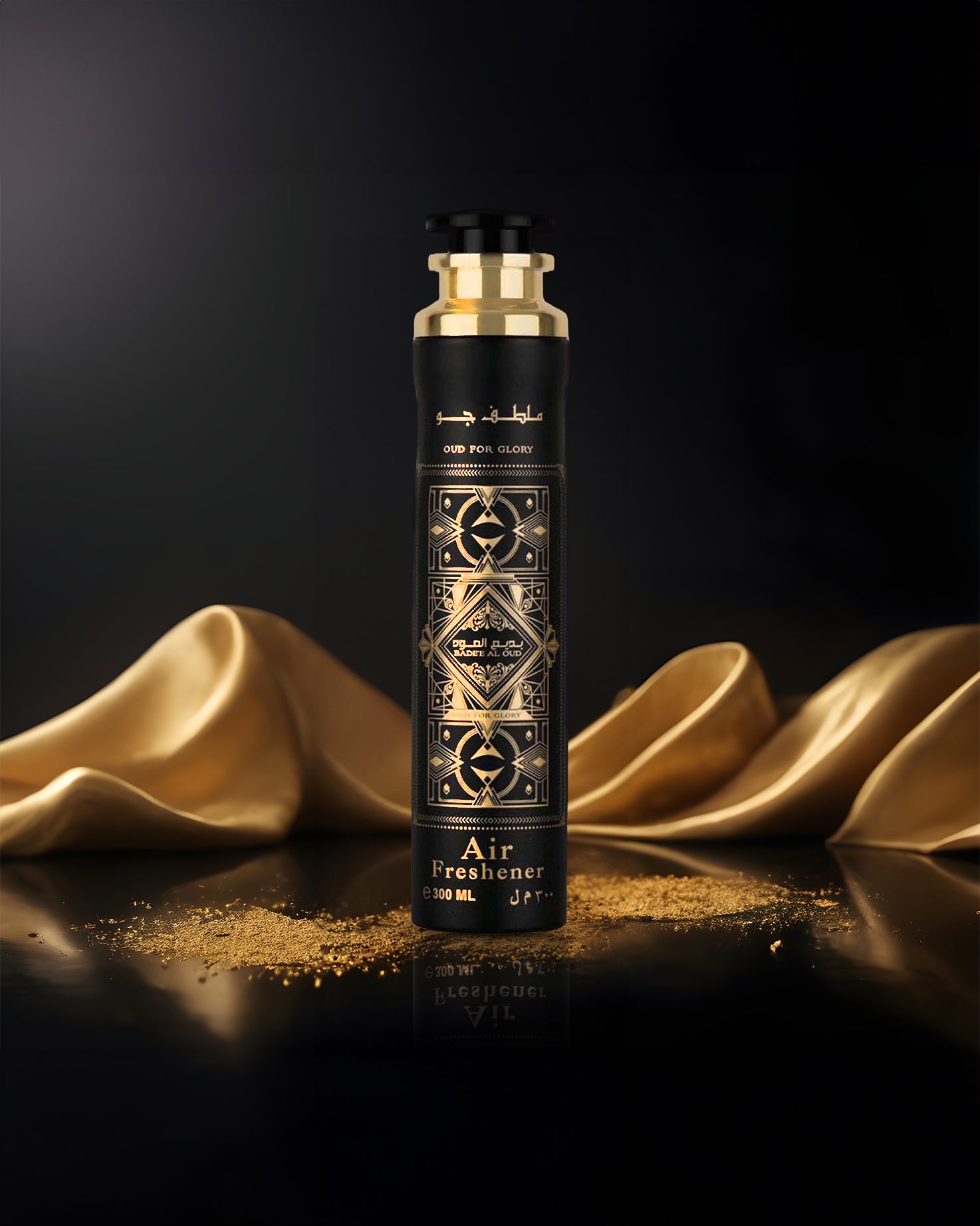 Badee Al Oud oud for glory air freshner bottle photograph over reflected dark surface